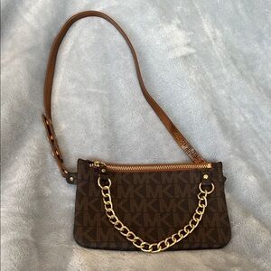 Michael Kors Dark Brown Bag with Gold Chain close and brown leather strap